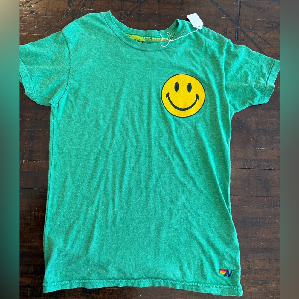 NWT Kids Size 14 Aviator Nation Green Tee with Yellow Smiley